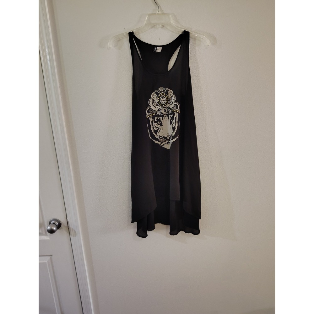 H&M Divided Black Tiger Crown Graphic Racerback High‎ Low Tank Top Studded US 4
